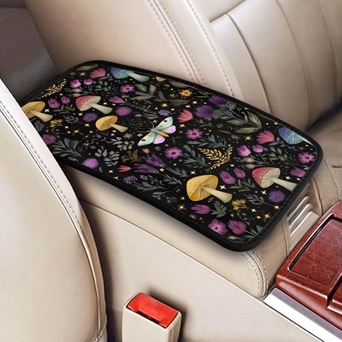Mushroom Print Center Console Cover Boho Herbs Leaf Armrest Seat Box Covers Protector Black Vintage Car Decor Accessories Scratch Resistant Middle Console Lid Cushion Pad