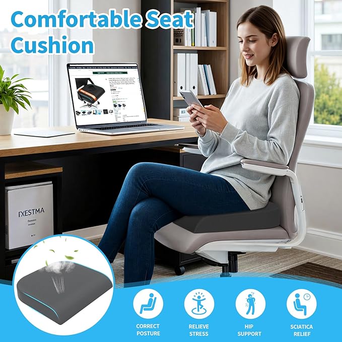 XLarge Seat Cushion, Soft Foam Cushion for Long Sitting Hours on Office Chair, Home & Car, Non-Slip Chair Pad for Relieving Back & Sciatica & Hip & Coccyx Pain (Grey)