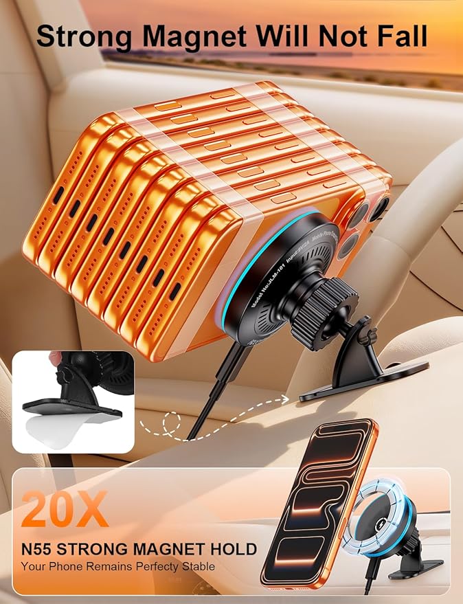 for Magsafe Car Mount Charger, [100% Stable] 15W 2 in1 Magnetic Wireless Car Charger, Vent/Dashboard Phone Holders for Your Car for Women Men Car Phone Holder Car Charger for iPhone 17 16 15 14 13