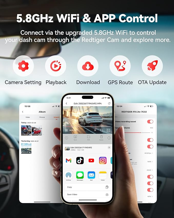 REDTIGER F9 Dash Cam 4K Front and Rear 1080P, WiFi GPS Car Camera with 32GB Card, Dual Dash Camera for Cars, Loop Recording, Night Vision, Parking Mode, Smart App Control, Support 256GB Max