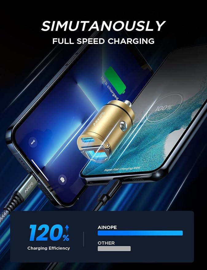 AINOPE 90W USB C Car Charger Fast Charging,[Smallest Metal] Car Charger USB C PD45W+QC3.0 Dual Port Cigarette Lighter Charge for iPhone 16 Pro Max Plus 15 14 13 iPad Samsung, Gold Kits