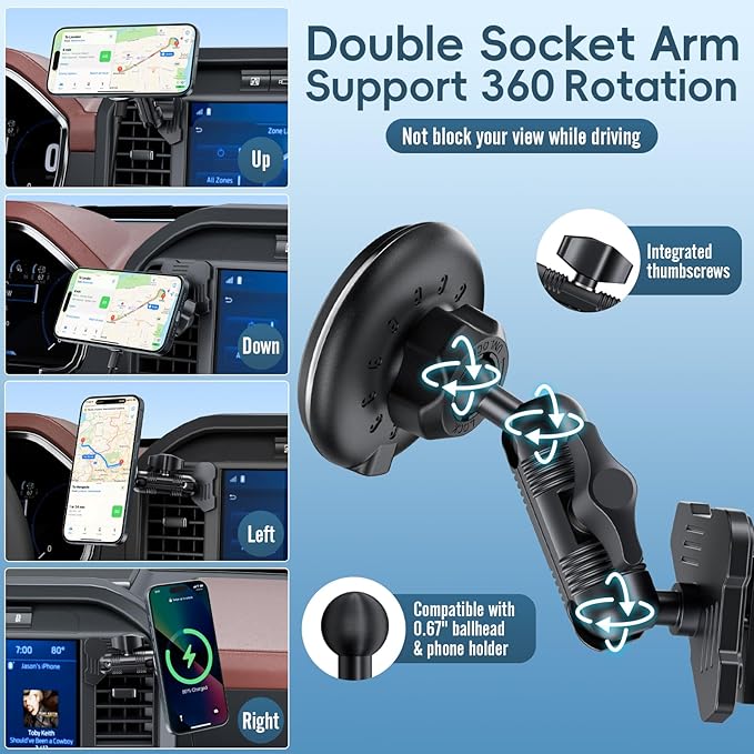 Kaishengyuan Wireless Charger Magnetic Vent Phone Mount Compatible with 2021-2026 Ford F-150, 2023-2026 Super Duty F250/F350/F450, Metal Phone Holder Cradles Bracket Stand with Arm for All Smartphone