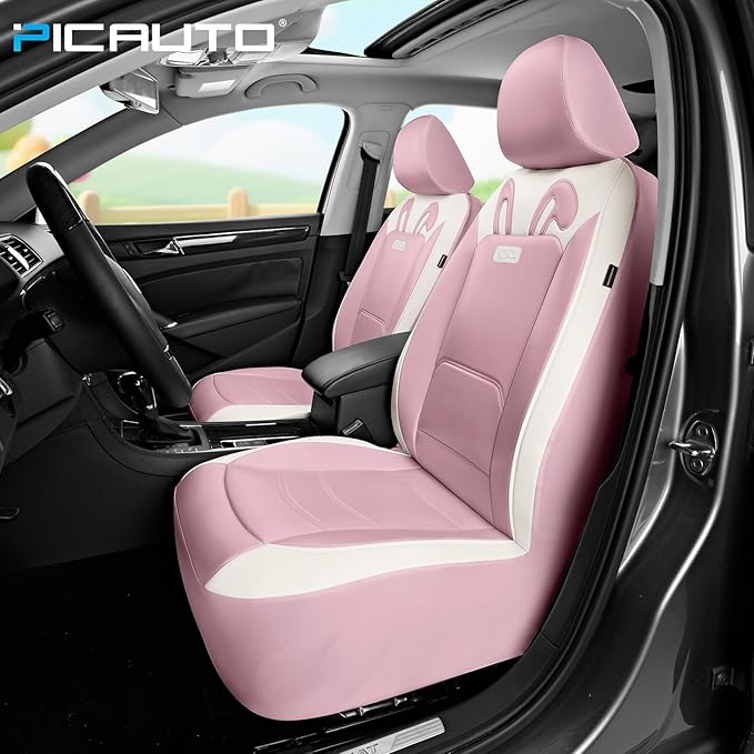 PIC AUTO Car Seat Covers, Cute Rabbit Premium Pink Leather Seat Covers, Universal Fit Front Seat Covers for Cars, Trucks, SUVs, Soft & Wear-Resistant Auto Interior Protection with Airbag-Compatible
