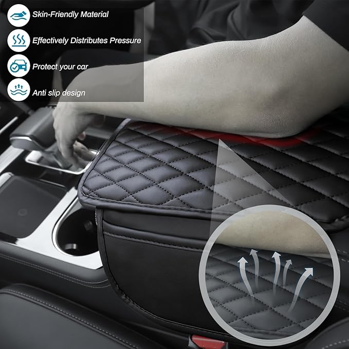 Ouzorp Car Center Console Cover, Upgraded Microfiber Leather Car Arm Rest Cover with 2 Storage Bags, Universal Armrest Cover for Car Storage Box Car Interior Accessories Protector for Most Vehicle