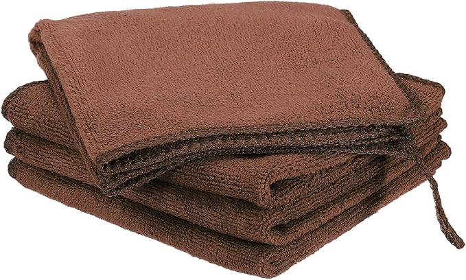 HARFINGTON 4 Pack Microfiber Cleaning Cloth, 8" x 8" Multi-Functional Cleaning Towels Reusable Absorbent Rags with Hook for Car Wash Kitchen Household Window Clean, Brown