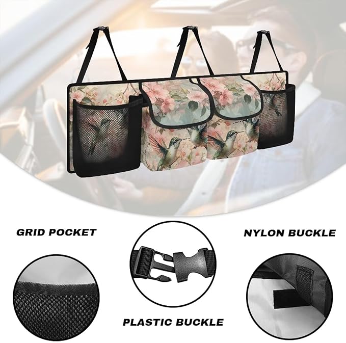 Hanging Car Trunk Organizer, Hummingbird Pink Flower Print Car Back Seat Storage with 4 Pockets Large Capacity Back Seat Storage Bag Waterproof Universal Car Interior Accessories