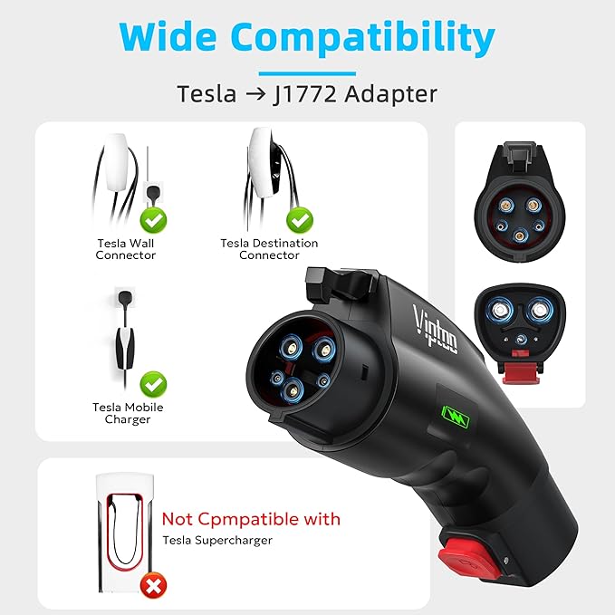 VIPTOO Tesla to J1772 Adapter 60A 250V AC — NACS EV Charging Connector with Charging Status Display for Tesla Wall/Destination/Mobile Charger, Fast & Safe Charging (Black)