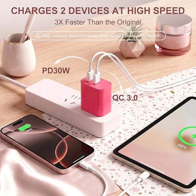 Aolcev for iPhone Charger Fast Charging 2 in 1 USB A USB C Charger Block 30W Cute Type C Fast Charging Blocks for iPhone 17 16 15 14 13 for iPad USB C Charging Adapter for Galaxy S26 S25 S24 Rose Pink