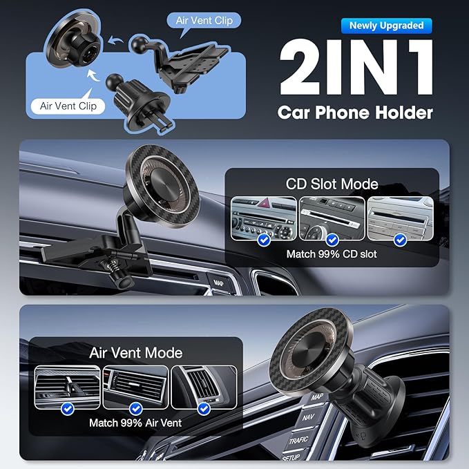 Magnetic Car Phone Holder, 2-in-1 CD Slot and Car Vent Phone Mount, 360°Rotation Tool-Free Installation Magnetic Car Mount for iPhone 17/16/15/14/13/12 Series