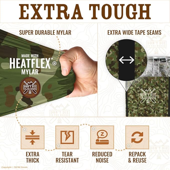 Don’t Die in The Woods - Emergency Sleeping Bag with Hood - Made with Extra Thick Thermal Mylar - 10 Essentials Hiking Camping Blanket, Survival Gear Tactical Car Disaster Bug Out First Aid Kits
