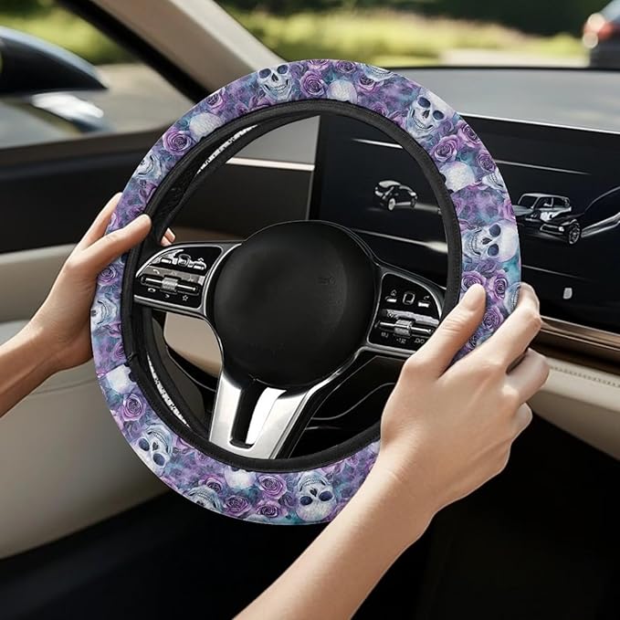 AFPANQZ Steering Wheel Protection for Automotive Steering Wheel Covers, Skull Purple Rose Sweat Absorption Comfort Grip for Driver Women Men
