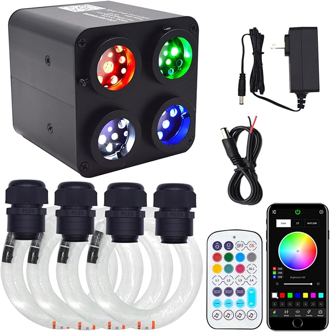 36W 4-Head 4 Color RGBW Twinkle Fiber Optic Lights, Starlight Headliner Kit with Total 800pcs*0.75mm/0.03in 9.8ft Optical Fiber Cables+Remote and APP Control for Car and Home Interior Decoration