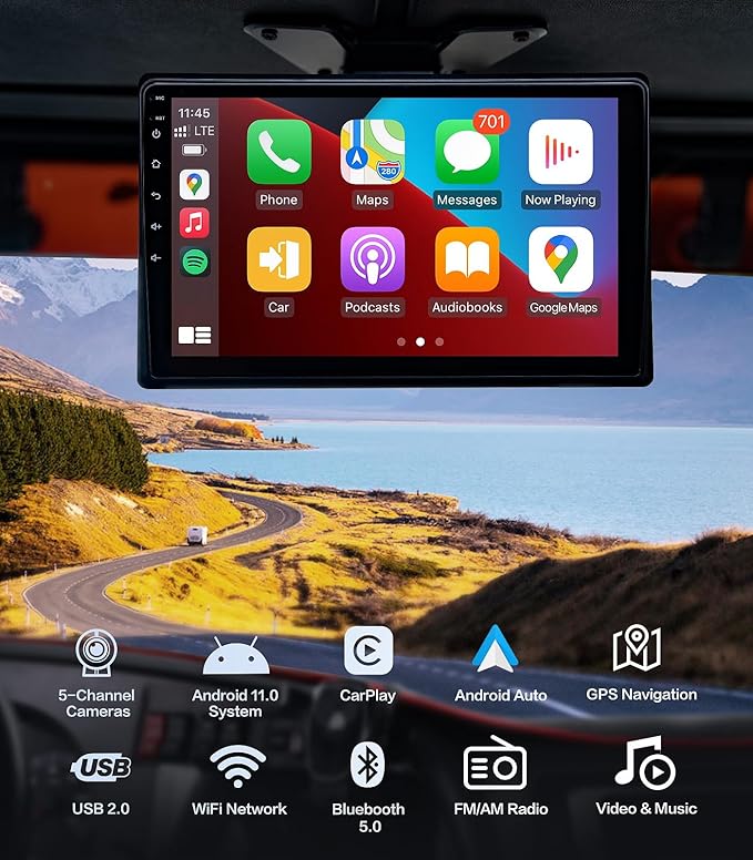5-Channel 1080P Backup Camera Dash Cam with 10.2'' Monitor,DVR Recording Back Up Camera for RV/Truck/Van/Trailer/SUV Cars, Android.11 Car Raido with Wireless CarPlay/Android Auto/BT/FM/WiFi