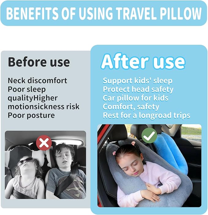 Travel Pillow, Car Pillow for Kids, Car Sleeping Pillow for Adults, Travel Pillow for Kids with Adjustable Strap, Support Head and Neck on Road Trips, Car Travel Essentials, Blue