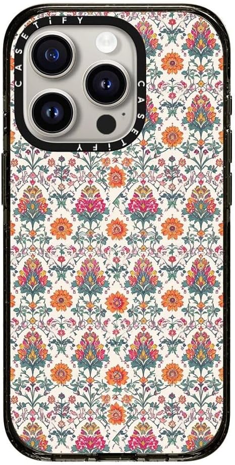 CASETiFY Impact iPhone 15 Pro Case [Slim/Compatible with Magsafe / 8.2 ft. 4X Military Grade Drop Protection] - Persian Floral - Orange - Clear Black