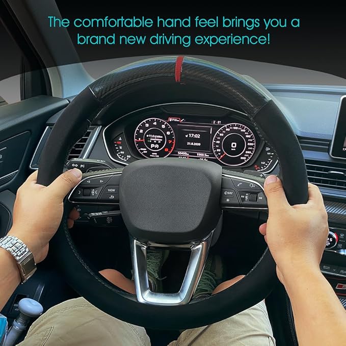 Carodi Car Suede Carbon Fiber Steering Wheel Cover car Anti-Skid Leather car Interior Accessories Decoration 15 inch Universal (Black)