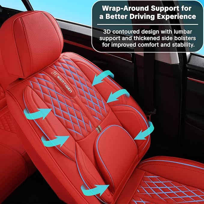 Red Car Seat Cover Full Set , Universal Car Seat Cover for Car with Lumbar Support, Premium Faux Leather, Waterproof and Easy to Clean, Airbag Compatible, Suitable for SUV, Pickup Trucks, Sedans