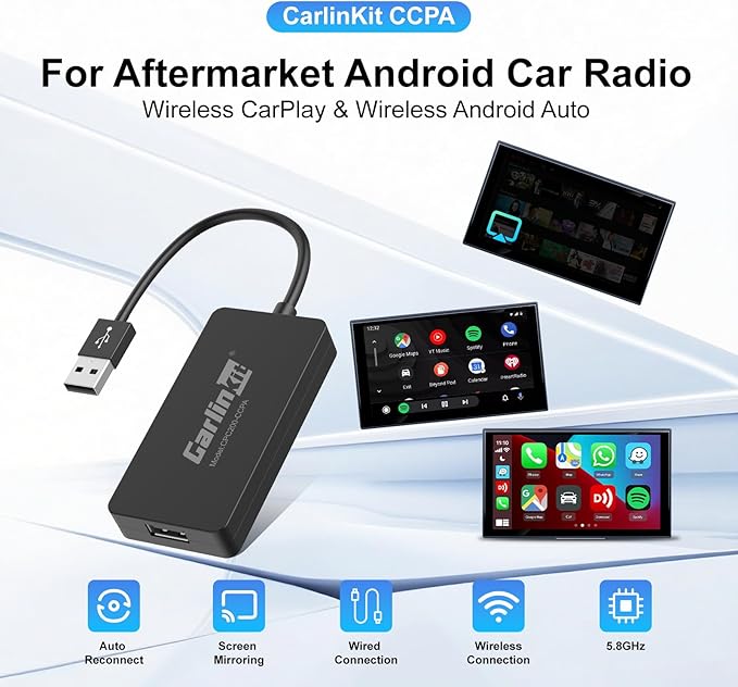 Carlinkit CCPA Wireless CarPlay & Android Auto Adapter, Only for Car with Android Head Unit 4.4.2+, 5.8GHz Dongle with Built-in APK App, Support Wireless Connect & Screen Mirroring, OTA Upgrade