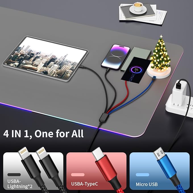 IDISON Travel 4 in 1 Multi Charging Cable with Dual IP/Type C/Micro USB, 2Packs 5FT Car Accessories iPhone Charger Cord for Multiple Devices, Universal USB Cable for iPhone17-8/iPads/Tablets and More