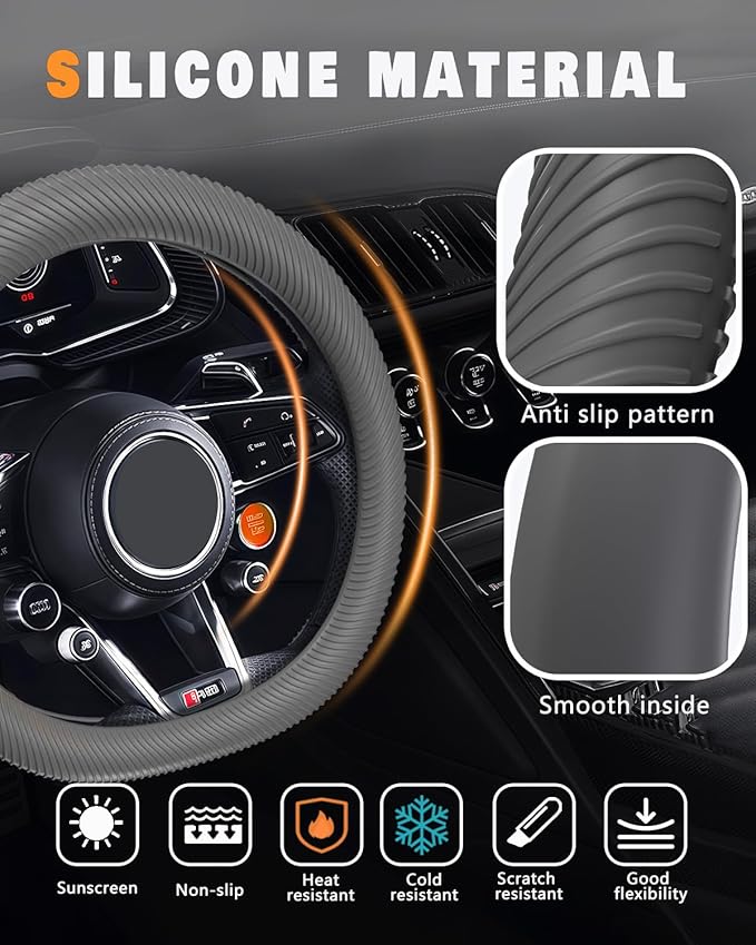 WOCOCN Car Steering Wheel Cover, Thin Anti-Skid Silicone Steering Wheel Cover for Men & Women, Universal Automotive Interior Accessories for Most Cars (Grey)