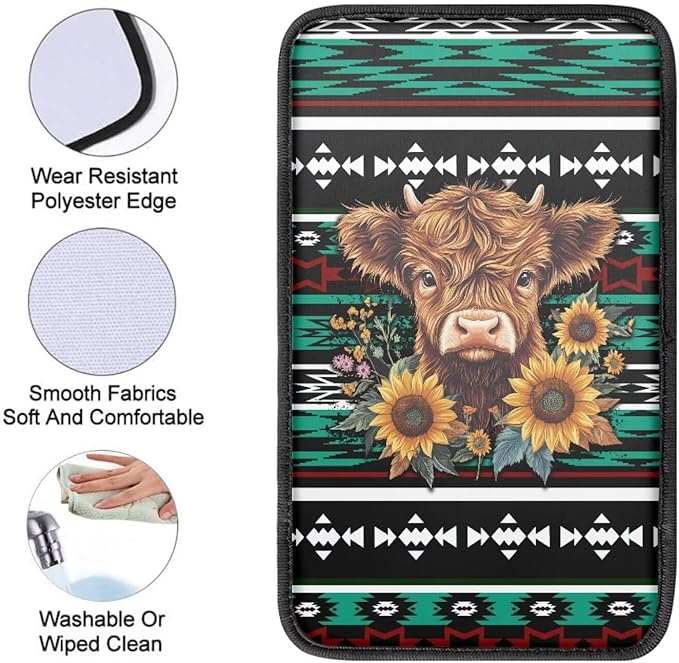 UNICEU Aztec Sunflower Highland Cow Print Car Center Console Armrest Cushion Cover Soft Auto Interior Decor Armrest Box Protector Covers Pad