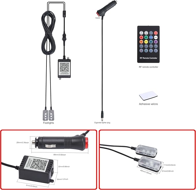 RGB Car Footwell Ambient Lighting Kit 16.7 Millions Colors Sound Active Music Sync APP Control + RF Remote Controller Cigarette Lighter Car Interior Multicolored Footwell Atmosphere Light