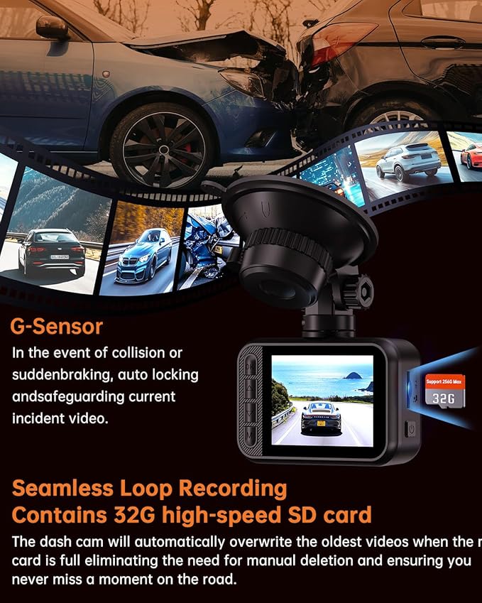 Dual Dash Cam Front and Rear — 2.5K HDR Night Vision Car Camera with G-Sensor & 24H Parking Monitor, Compact Plug & Play Dash Cam with Super Capacitor, 32GB Card Included, Supports 256GB Max