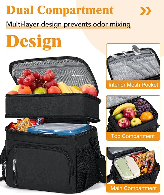 Insulated Lunch Bag for Men & Women, Double Leakproof Lunch Box Soft Cooler Tote with 5 Pockets, 600D Oxford, EVA Lining, Adjustable Strap for Work, Picnic, Beach&Travel-Black