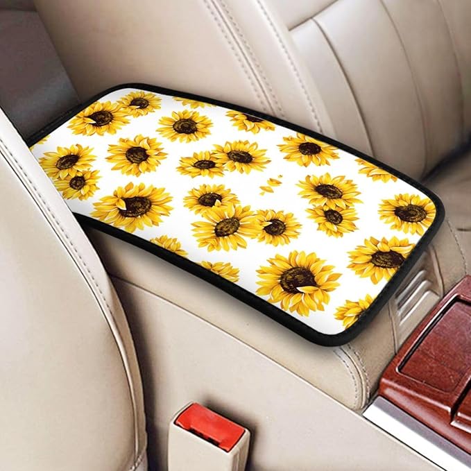 Car Armrest Cover Auto Center Console Pad Arm Rest Cushion Soft Car Accessories Universal for Most Vehicle (Floral Sunflower Pattern Design)