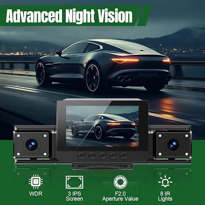 4 Channel Dash Cam,360° All-Around View Front Rear Left Right Inside Car Camera,3" IPS Screen,4-Way Dash Cam with 24H Parking Mode,Built-in GPS,8 IR Night Vision,G-Sensor,Free TF Card Included