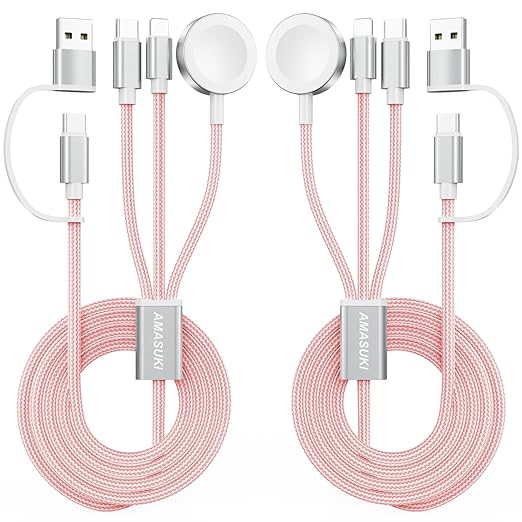 2Pack Travel Essentials,3 in 2 USB C Cable for Apple Watch Charger,iPhone Charger,Multi Charging Cable,Cruise Vacation Camping,Portable for iWatch Series 11-2/Ultra/SE & iPhone 17-12,Car,Pink