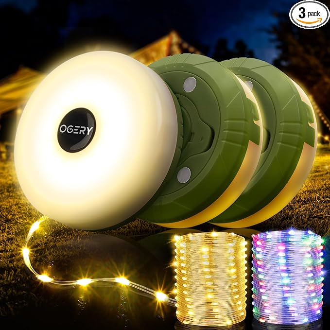 OGERY 3-Pack Camping String Lights, 4 in 1 Quick Storage 32.8FT Rechargeable Tent Lights String with 8 Lighting Modes, Hanging Waterproof Portable LED Lamp for Outdoor Patio Awning Party Essentials