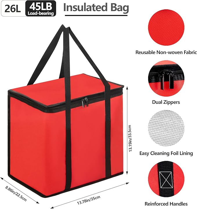 Reusable 6 Cup Drink Carrier with Handle and Insulated Food Delivery Bag, Portable Plastic Cup Caddy, 26L Grocery Cooler Box for Car Delivery, Travel, Picnic