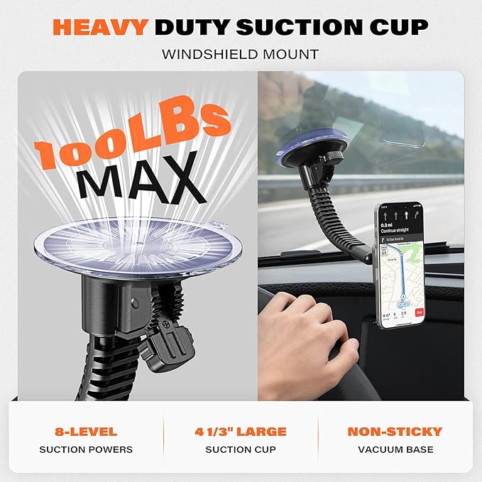 APPS2Car for Heavy-Duty MagSafe Truck Phone Mount, 4.33" Extra Large Vacuum Suction Cup, 20 Strong Magnets, Ultra-Stable Double-Rib Long Arm, Magnetic Phone Holder for Pickup, Semi Trucks, Tractor