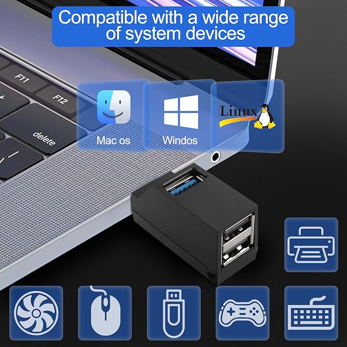 3-Port USB Hub for Laptop,USB Port Expander Adapter,1 USB 3.0 and 2 USB 2.0 Port Portable Powered Data Suitable for Connecting USB C and USB A Ports to Mobile Hard Drives, USB Flash Drives