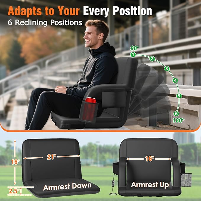 Suteck Dual-Side Heated Stadium Seats with Back Support, Wide Portable Stadium Chair, Foldable Bleacher Chair W/USB 3-Level Heating, 5 Storage Pockets for Outdoor Bleachers Camping Games