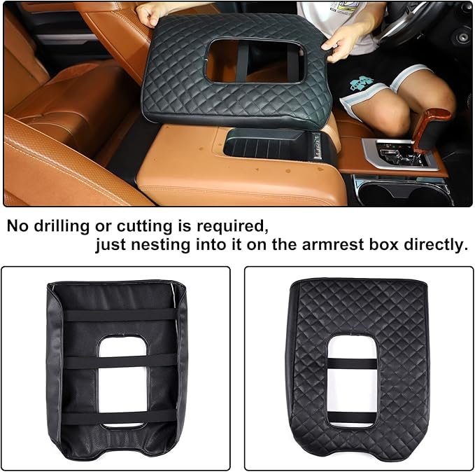 Aunginsy Leather Center Console Armrest Cover Compatible with Toyota Tundra 2014-2021, Car Armrest Pad Seat Box Cover Cushion Lid Anti-Scratch Protector Waterproof Plaid Black Interior Accessories