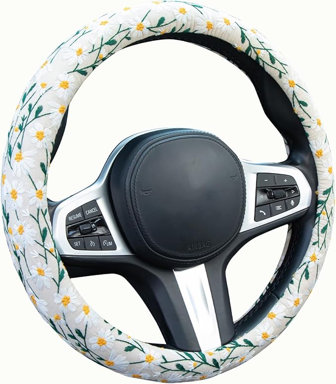 Embroidered Flowers White Cute Daisy Steering Wheel Cover Auto Anti-Slip Breathable Rubber Steering Wheel Protector,Floral Car Accessories for Women,Universal Size Fit Most Cars -15 inch