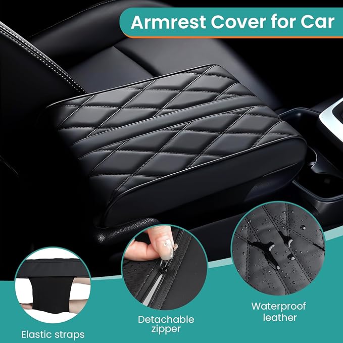 Car Center Console Cover, Leather Arm Rest Cover Mat for Car, Waterproof Car Armrest Box Pad with Memory Foam, Car Accessories Interior Center Console Cushion for Car, Truck, SUV (A - Black)