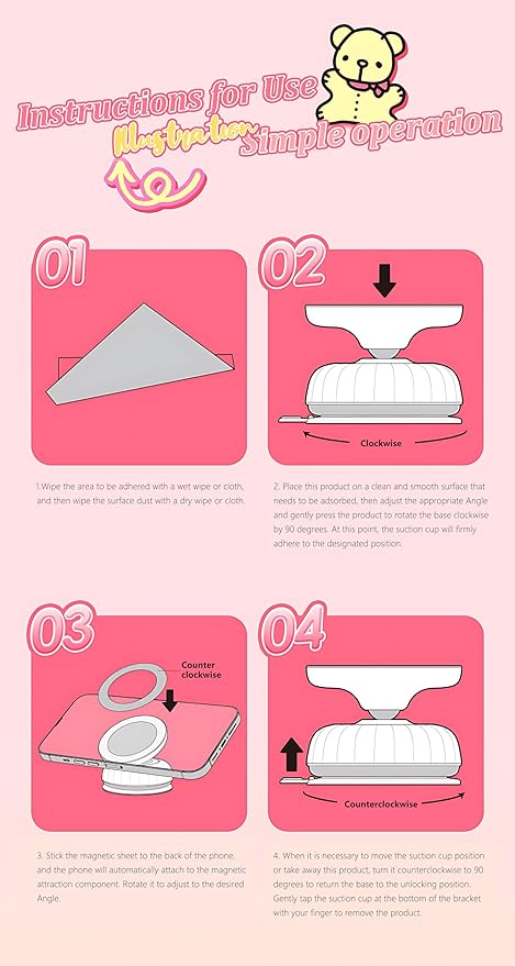 Kitty Magnetic Vacuum Phone Holder, 360° Rotating Pink Magnetic Car Mount, Cute Cat Rotating Holder, Suitable for Cars, Mirrors, Gyms, Kitchens, Hands-Free Portable Phone Holder