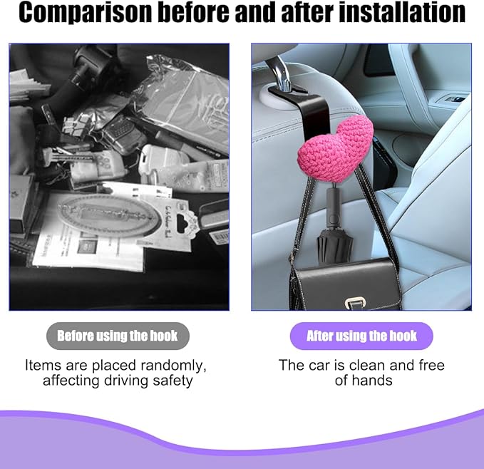 2PCS Car Headrest Hook, Cute Wool Heart Vehicle Seat Hangers for Umbrellas Grocery Bags, Automotive Interior Backseat Storage Organizer Hook, Universal for SUV, Sedan, Truck (Rose Red)