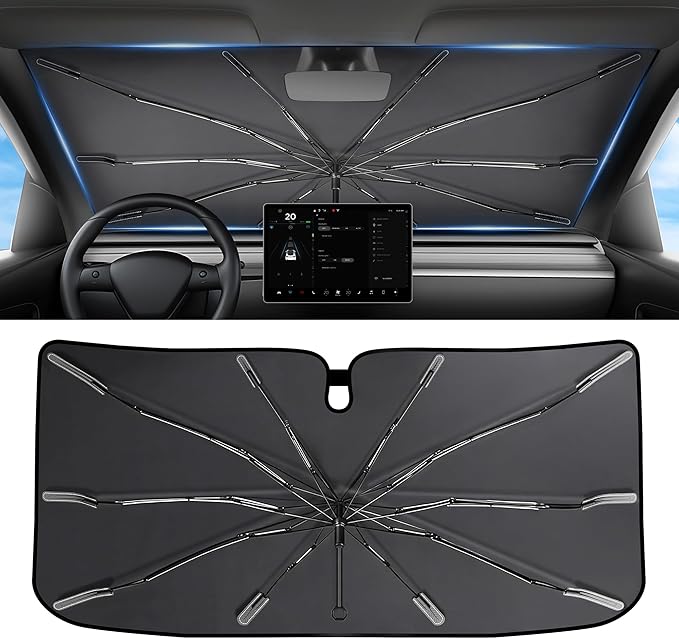 2026 for Tesla Model Y Model 3 Windshield Sun Shade Umbrella [7-Layer Vinyl Coating Heat Shield] Foldable Front Window Sunshade Umbrella Protect Interior from UV Keep Car Cooler(56" x 35")