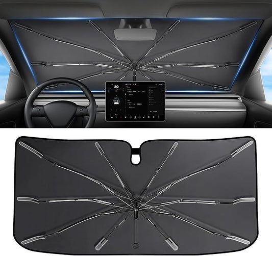 2026 for Tesla Model Y Model 3 Windshield Sun Shade Umbrella [7-Layer Vinyl Coating Heat Shield] Foldable Front Window Sunshade Umbrella Protect Interior from UV Keep Car Cooler(56" x 35")