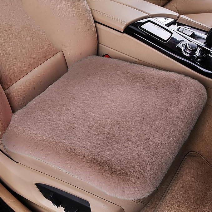 Plush Car Seat Cushion, Soft Warm Fuzzy Faux Rabbit Fur Fluffy Plush Auto Seat Cover Vehicle Car Front and Back Seat Protector Pad with Non-Slip Backing Cushion Interior Universal Fit (Khaki,Front*1)