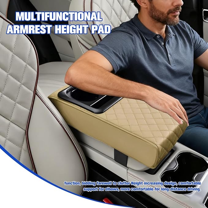 Car Center Console Armrest Pillow, Vehicle Armrest Seat Box Cushion Pad with Cup Holder & Phone Holder, Comfortable Auto Middle Console Cover, Universal for SUV RV Truck (Diamond, Beige)
