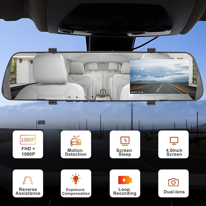 UNITOPSCI Mirror Dash Cam 4 Inch Rear View Mirror Camera 1080P Front and Rear View Dual Cameras with 32G Card, Motion Detection, Night Vision, Parking Assistance, Loop Recording, 24H Parking Monitor