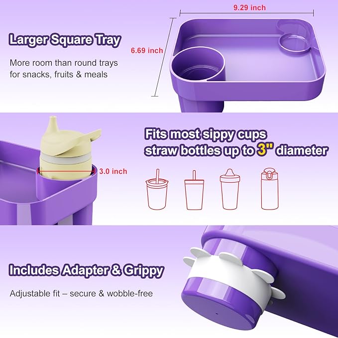 Car Seat Snack Tray for Toddlers - 3 Inch Cup Holder Fits Most Sippy Cups & Straw Bottles with Dip Well, Mess-Free Square Kids Travel Tray Road Trip Essentials, Purple