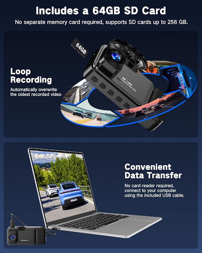 3 Channel 4K Dash Cam, Dash Cam Front and Rear Inside 170°/150°/150° Wide Angle View, Dash Camera for Cars with 64GB Card Included, Loop Recording, Night Vision, G-Sensor, 5GHz WiFi, 24Hr Parking