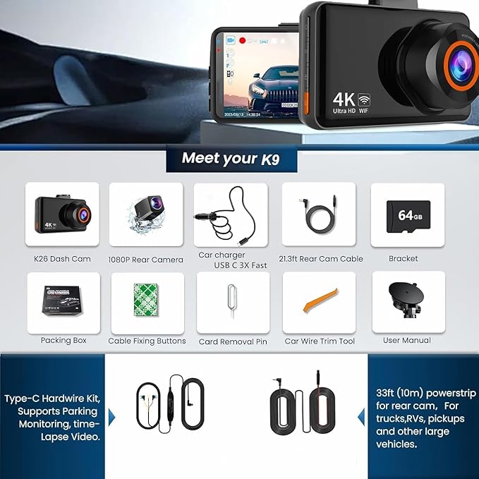 Dash Cam Front and Rear, 4K HD Dash Cam for Cars Built-in WiFi, Car Camera with Night Vision, 64GB Card, 170°Wide Angle, WDR, 3" IPS Screen, Loop Recording, G-Sensor, 24 H P Monitor (K9)