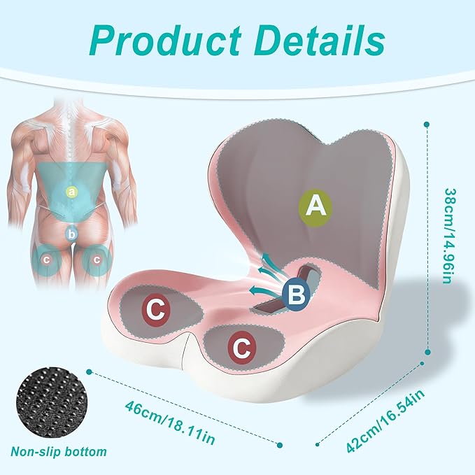 Seat Cushion for Office Chair and Car, Lumbar Support Pillow for Office Chair, Memory Foam Ergonomic Seat Cushion for Long Sitting, Back & Tailbone Pain, Sciatica - Pink & Gray